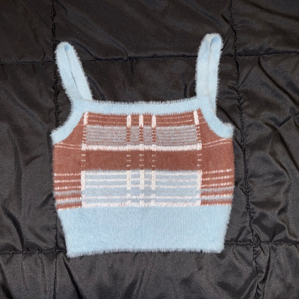 Papermoon Plaid Knit Cropped Top in Blue and Brown, Size S